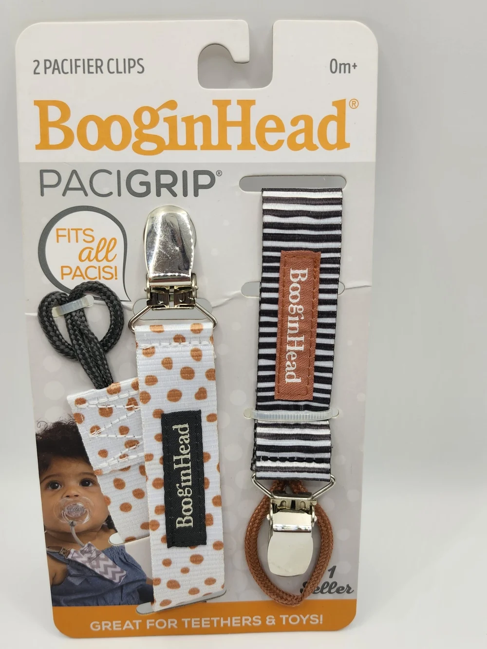 Kids Pacigrip Pacifier Clips - White with Brown Dots & Black Stripe